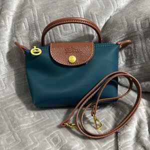 Longchamp mini Teal and Brown Crossbody Bag with Leather Trim